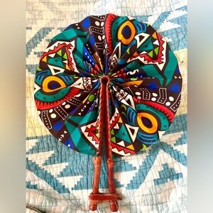 🌍 Handmade African Leather & Fabric Folding Fan – Bold Tribal Print